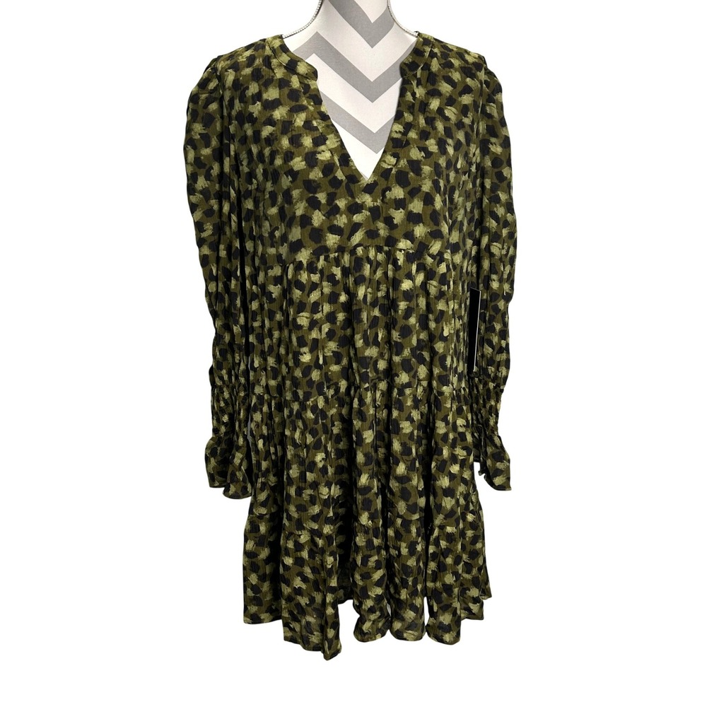 Pomander Place Olive Green Black Leopard Tiered V-Neck Mini Dress XL Y24667UFWT